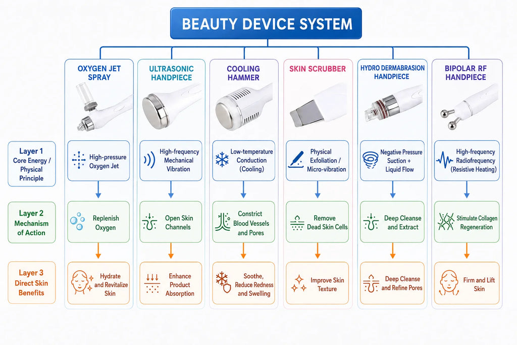 Touchscreen Hydro Facial Equipment with A/B/C Solution Tanks, Multi-Handpiece Beauty Machine References and 110v, 220v or DL Selection Labels