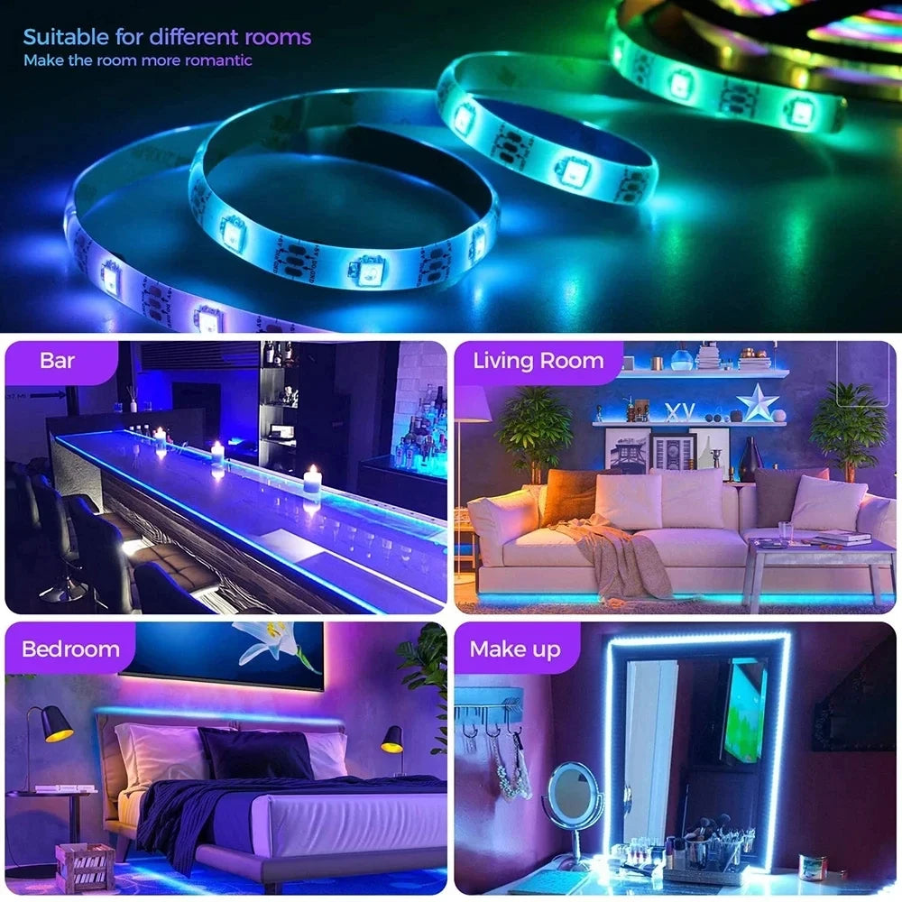 SMD 5050 RGB Bluetooth Light Strip with 5V USB Power, App-Only or 24-Key and 44-Key Remote Options in Six Lengths for Dry Indoor TV and Room Accent Decor