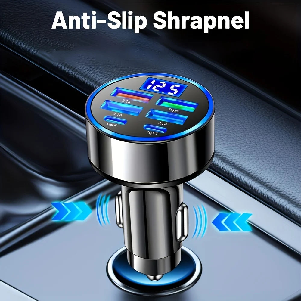 Dual Type-C Car Charging Adapter, Black Charger with Digital Display and Listed 6-in-1 Format and 3.1A Rating for Compatible Phones, Tablets and Power Banks