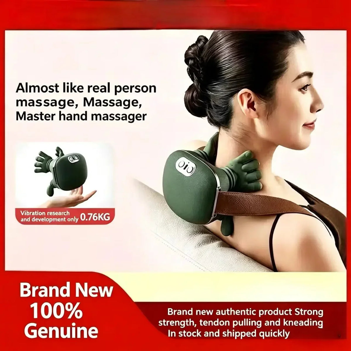 Green Rechargeable Neck and Shoulder Massager with Hands-Free Shawl Design, 3 Kneading Modes, USB Type-C Charging and 10-Minute Timer