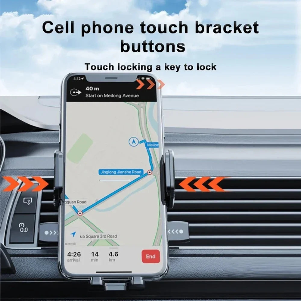 Car Phone Holder with Gravity Clamping Arms, Extension Rod and Suction Cup Base, Rotating Dashboard or Windshield Mount in Mirrored or Textured Options