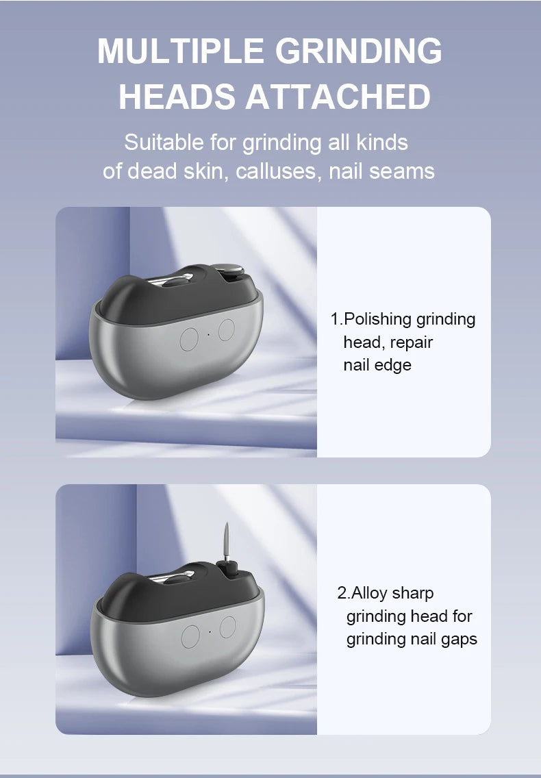 Mini Electric Nail Clipper with Rechargeable Type-C Charging, Automatic Sensing Light, Debris Compartment and Flat or Pointed Polishers for Home Nail Care