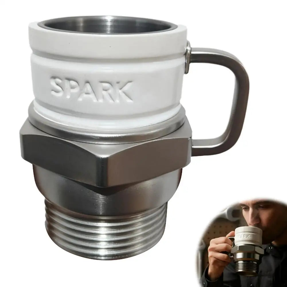 Spark Plug Coffee Mug with Resin Exterior and Stainless Steel Lining, Silvery Automotive-Themed Cup for Mechanics, Car Enthusiasts and Father's Day Gifts