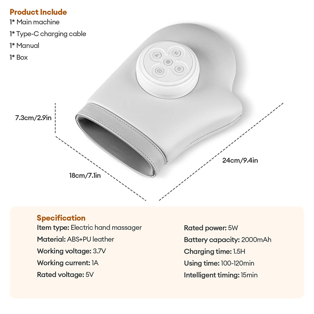 Electric Hand Massager in White with Air Compression, Three Listed Modes and Five Intensity Levels, 2000mAh Rechargeable Battery and 15-Minute Timer for Adult Relaxation