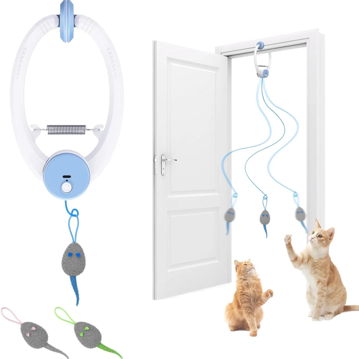 Elastic Hanging Cat Toy in Blue with Sticky Disc Mount and Bouncing Teaser Rope for Supervised Indoor Batting, Chasing and Interactive Pet Play