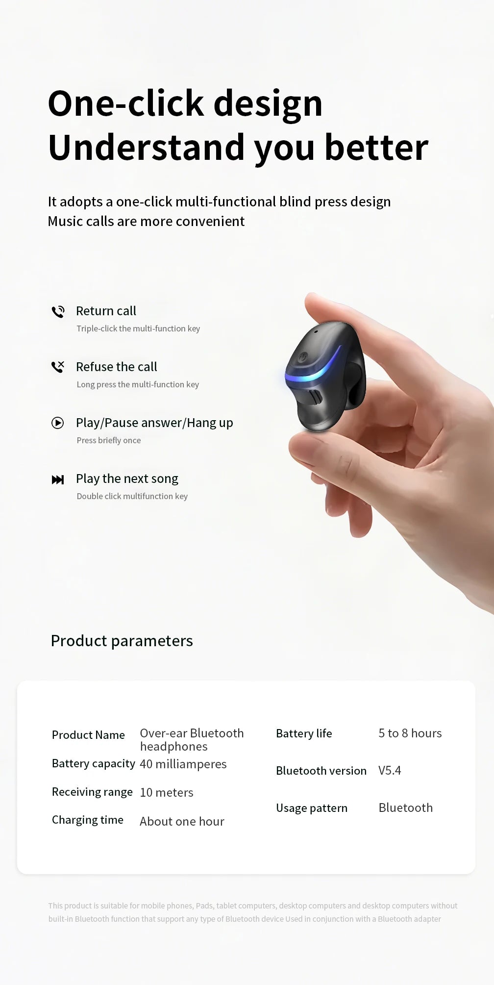 Single Ear Clip Earphone with Listed Bluetooth 5.3 Wireless Connectivity, Black or White Options and Sport-Style Headset Design for Personal Audio