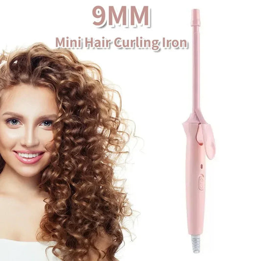 Mini 9mm Curling Iron with Tourmaline Ceramic Heater, Pink Electric Hair Styler for Spiral Curls and Bangs, US or EU Plug Options