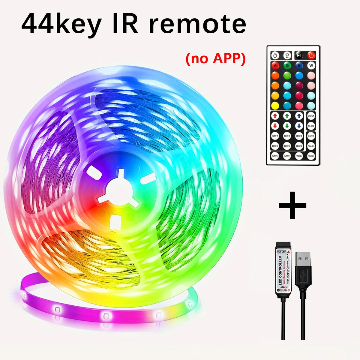 Four-Controller RGB LED Strip Lights with 5V USB Power, App or Remote Options and Nine Length Labels from 0.5m to 30m for Bedroom Decor and TV Backlighting