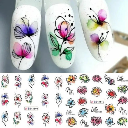 Water Transfer Nail Decals, BN2605-2616 Nail Art Slider Stickers for DIY Manicure Decoration, At-Home Styling and Seasonal Nail Design Ideas