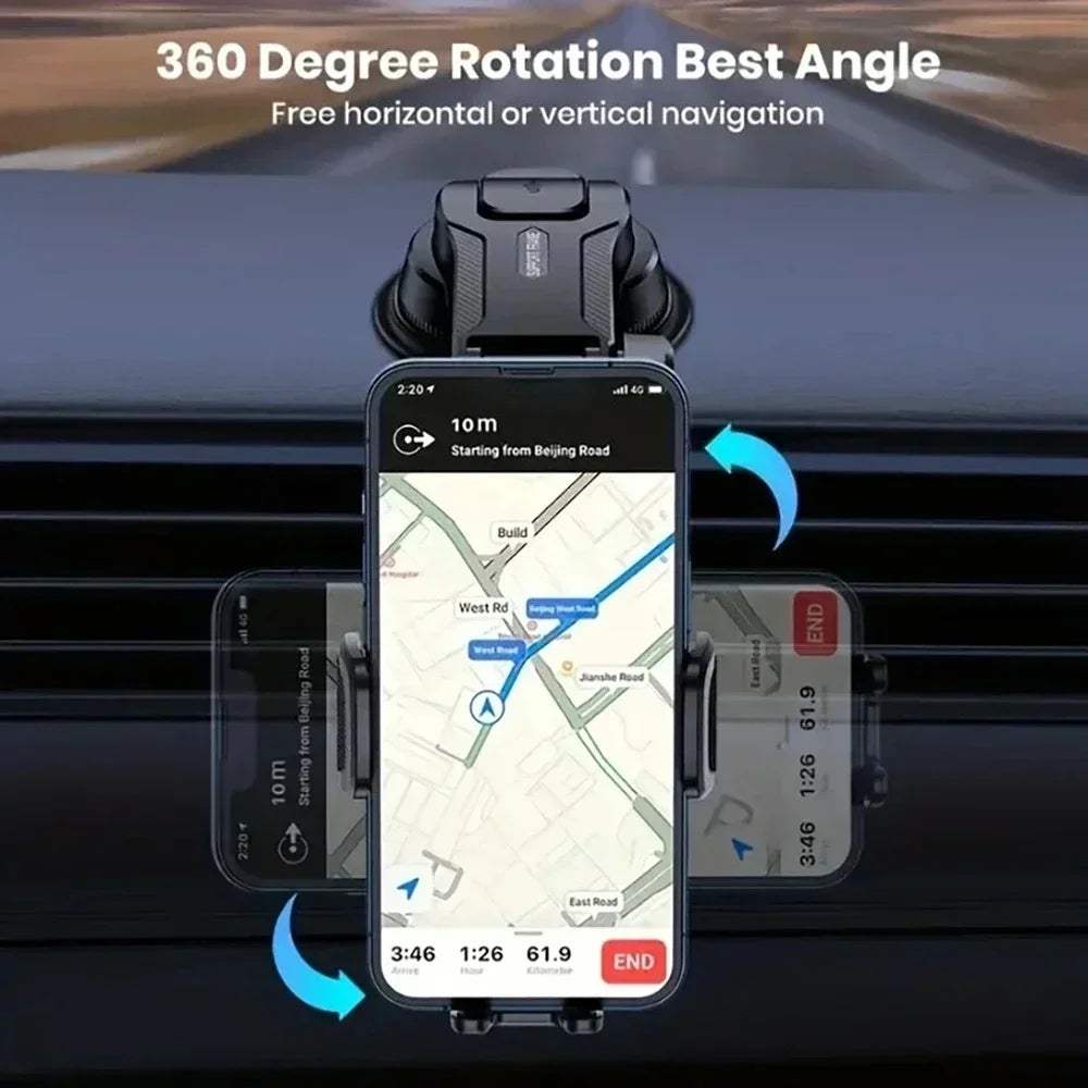 Car Phone Holder with Gravity Clamping Arms, Extension Rod and Suction Cup Base, Rotating Dashboard or Windshield Mount in Mirrored or Textured Options