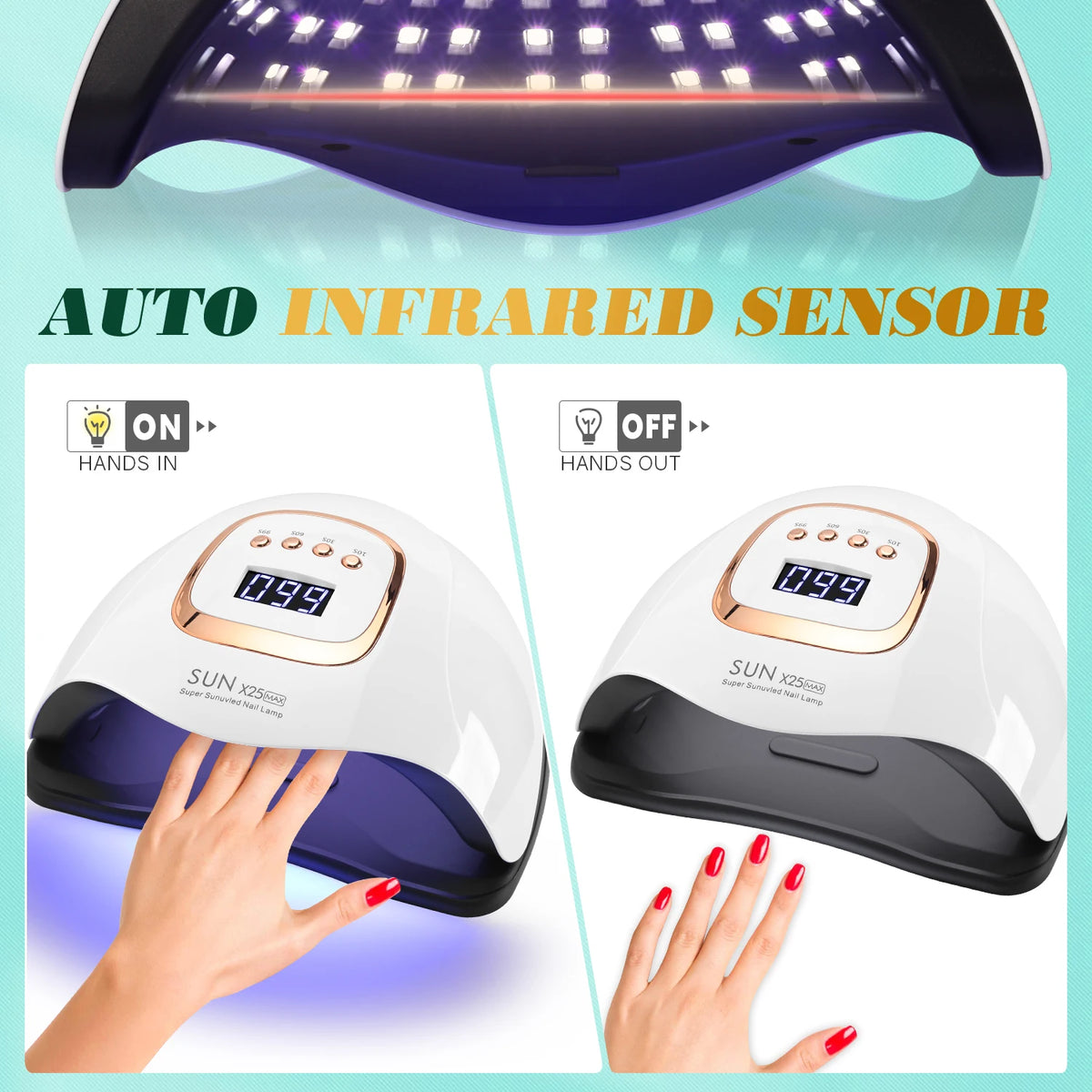 Gel Nail Curing Lamp with Four Timers, Auto Sensor and Removable Tray, Listed 81-LED SUN X25 MAX Specifications and X23, X25, X26 or X27 Options