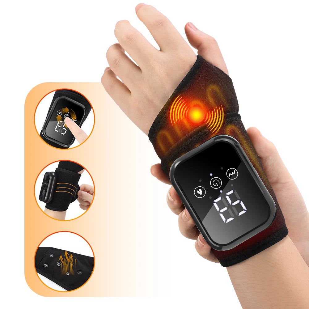 Rechargeable Wrist Heating Pad CL-3999 with Three Heat Settings, Three Vibration Modes and 15-Minute Auto Shutoff, Black Adjustable USB-C Massage Wrap