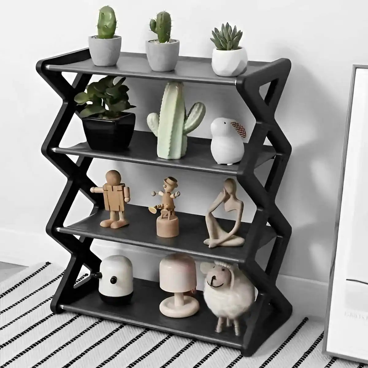 Four-Tier X-Frame Shoe Rack with Steel Tubes and Cloth Shelves, Compact Tool-Free Footwear Organizer for Entryways, Dorm Rooms and Bedroom Storage