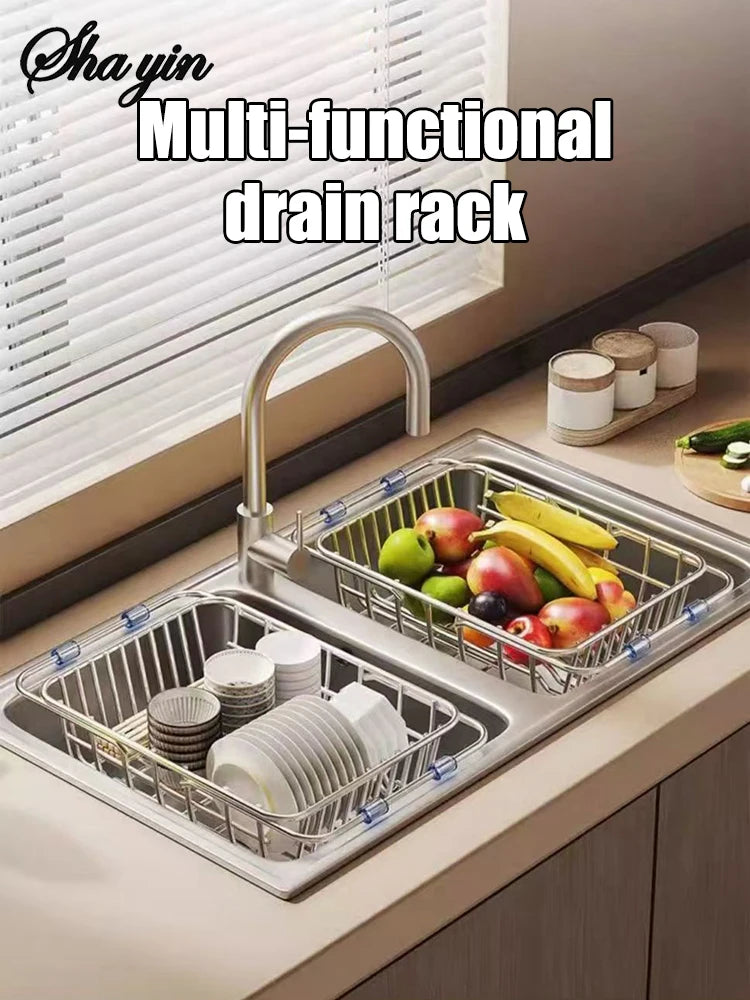 Telescopic Sink Drain Basket, Stainless Steel Expandable Dish Drying Rack with Medium or Large Size Options for Kitchen Cups, Plates and Produce Rinsing