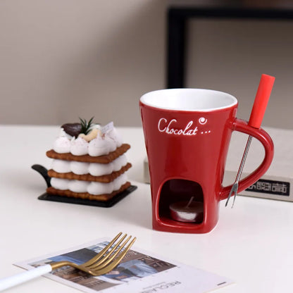 Chocolate Fondue Mug with 130ml Ceramic Cup and Stainless Steel Fork, Tea Light Dessert Warmer for Fruit, Cookies and Cozy Tabletop Dipping