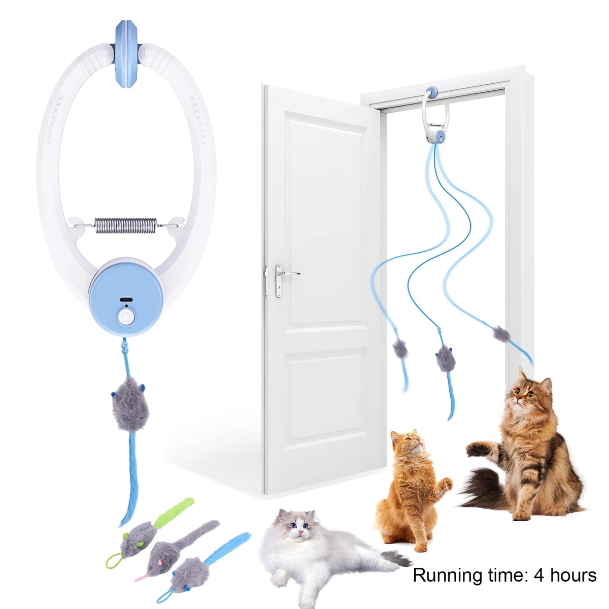 Rechargeable Door Hanging Cat Toy with Three Modes, Retractable Teaser Rope and Three Catnip Mouse Accessories, Blue Indoor Toy for Supervised Play