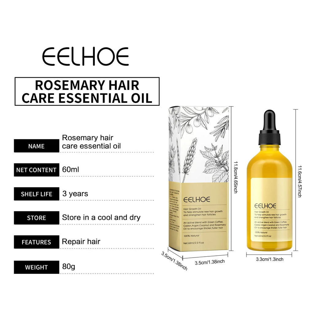 Rosemary Cosmetic Hair Oil by EELHOE with 60ml Boxed Selection, Hair and Scalp Grooming Oil for Label-Guided Home Care Routines with Additional Pack Options