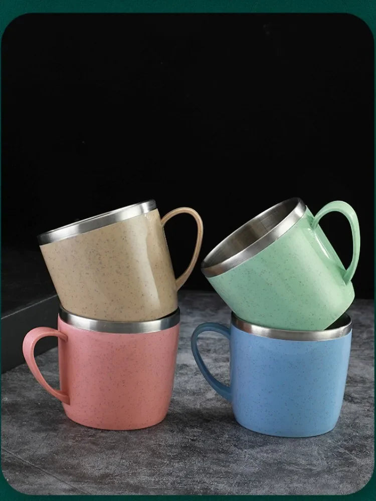 220ml Stainless Steel Mug with Plastic Handle and Double-Layer Design, Single Coffee, Tea and Milk Cup in Blue, Green, Pink or Beige for Home and Office