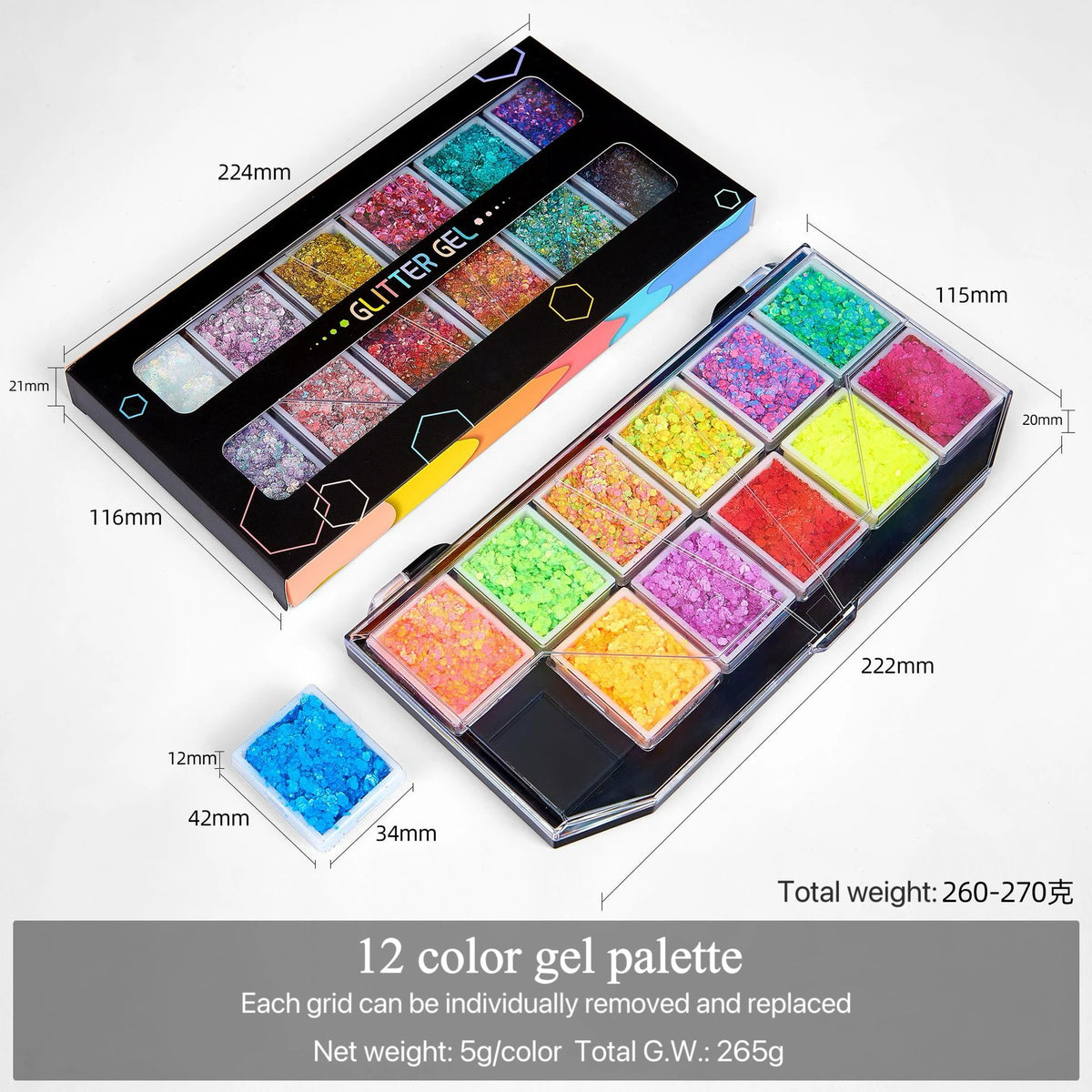 Glitter Gel Makeup Palette Options for Face and Body Art, Twelve Coded Selections with Sequin and Holographic References for Festival, Carnival and Stage Looks