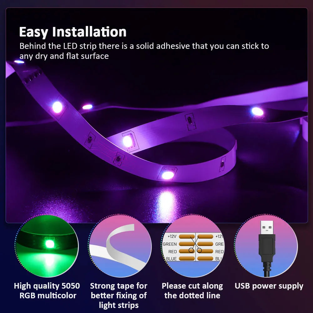 Music Sync RGB LED Strip Lights with 5V USB Power and Bluetooth 24key Option, Nine Lengths from 1m to 30m for Bedroom, TV and Party Accent Decoration