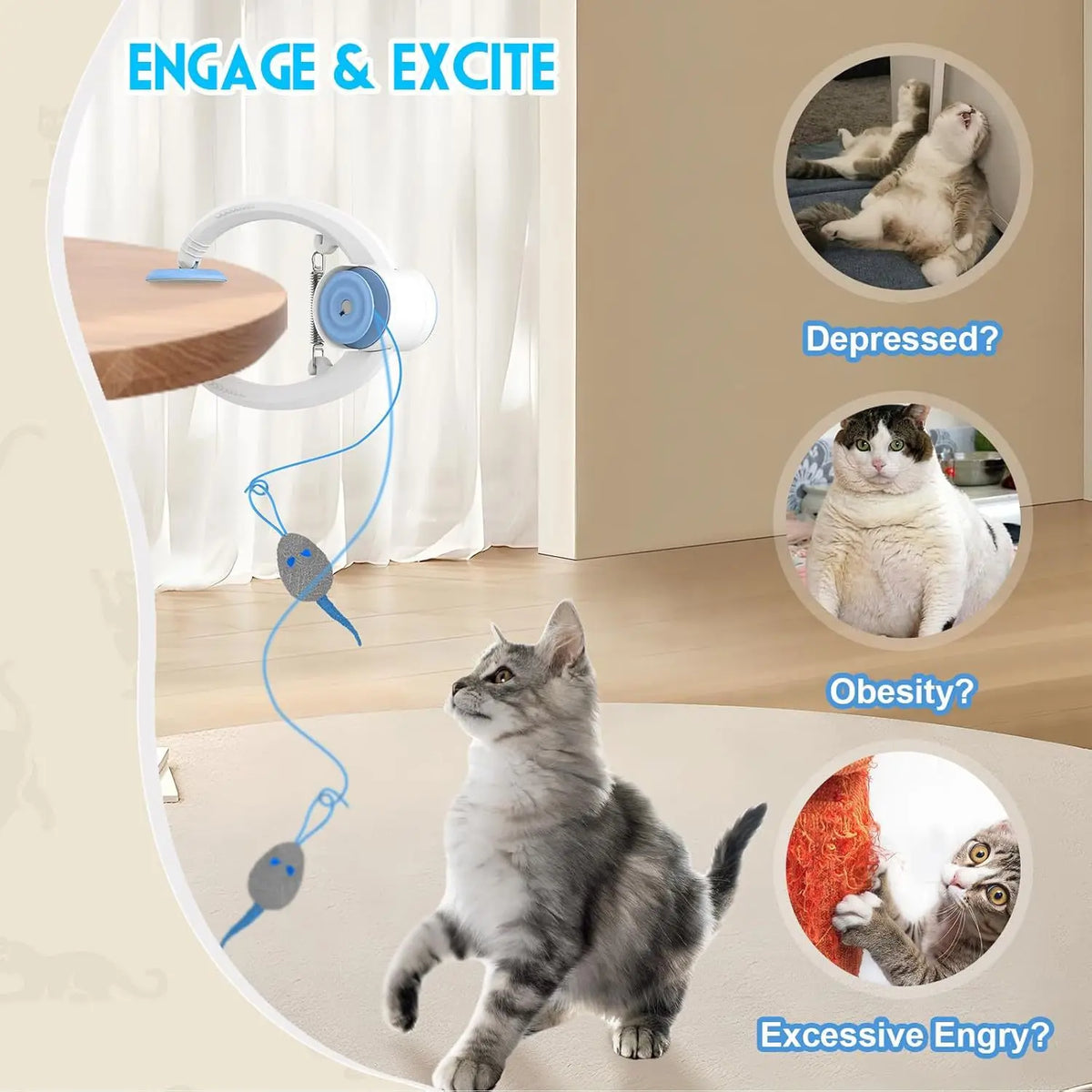 Elastic Hanging Cat Toy in Blue with Sticky Disc Mount and Bouncing Teaser Rope for Supervised Indoor Batting, Chasing and Interactive Pet Play