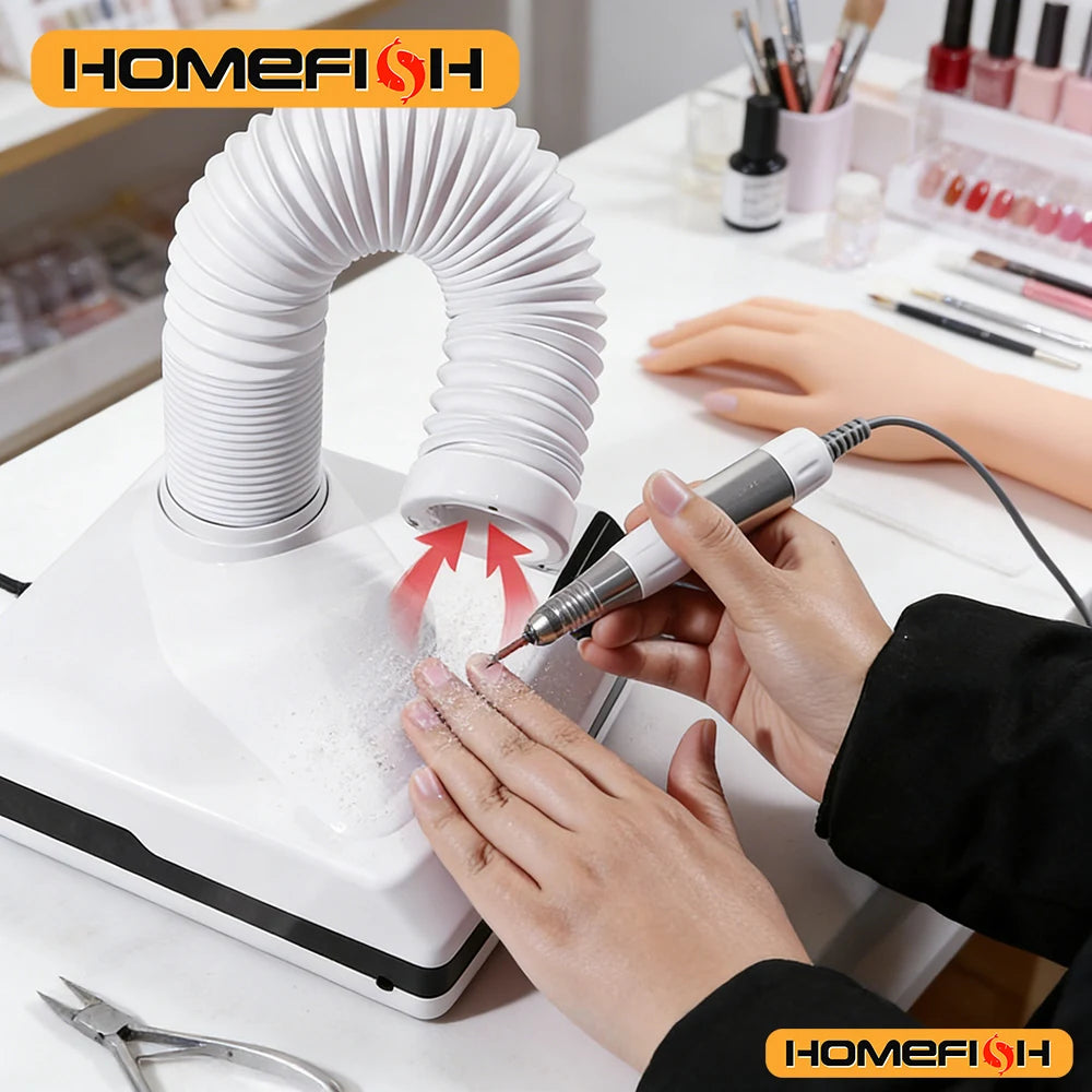 Nail Dust Collector with Tube Intake and Three LED Spotlights, Touch-Control White Manicure Vacuum with Replaceable Filter and Listed 60W EU Plug Options