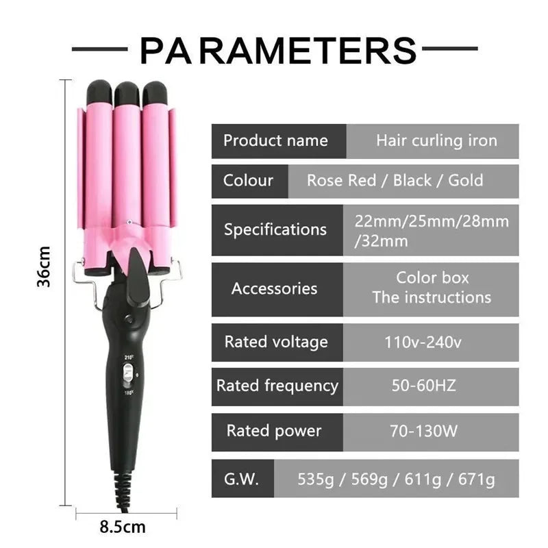 22mm Triple Barrel Hair Waver, Pink Wave Styling Iron with Ceramic Material Reference and UK, EU or US Plug Choices for Adult Hair Routines