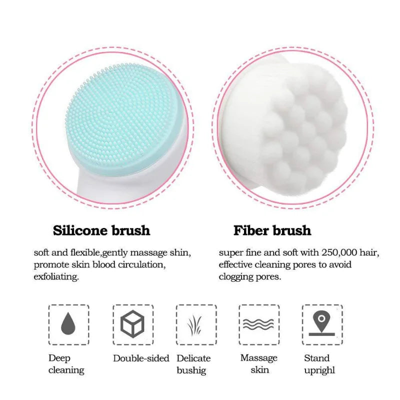 Facial Cleansing Brush, Double-Sided Manual Face Wash Tool with Handle, Silicone and Plastic Construction, Listed 13 x 6 cm Size in Pink or Blue