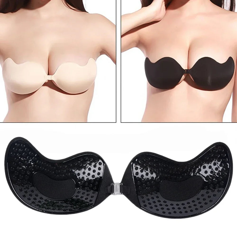 Backless Strapless Adhesive Bra for Women with Silicone Cups and Front Closure, Reusable Wire-Free Design in Black or Skin Tone, A–D Sizes