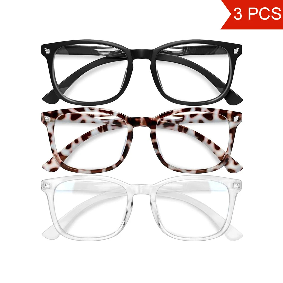 Computer Glasses Three-Piece Eyewear Set for Women and Men, Office Outfit Accessories for Computer, Gaming, TV and Phone Use with Listed Blue Light Filter Reference