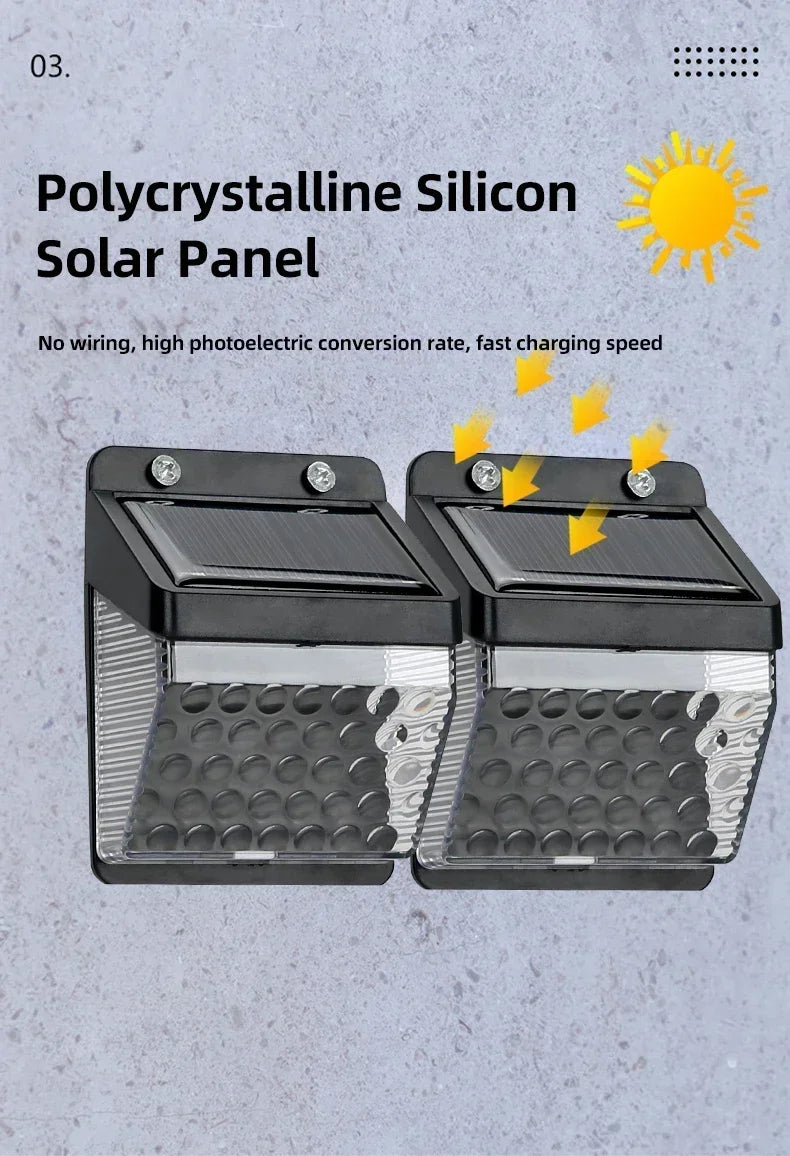 Outdoor Solar Wall Light Options for Garden Fences, Courtyards and Exterior Walls, with Listed 6-LED Non-Sensor and 30-LED PIR Motion Sensor Designs