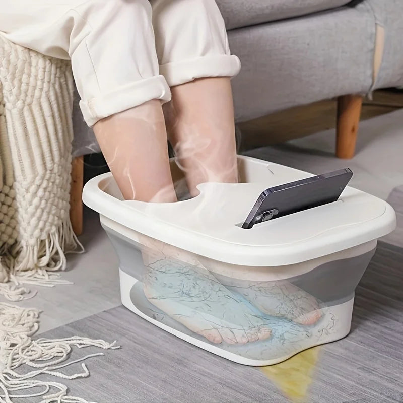 Collapsible Foot Bath Bucket in Green with Raised Circular Massage Dots and Listed Lid, Foldable Soaking Basin in No-Plug Option for Home Foot-Care Routines