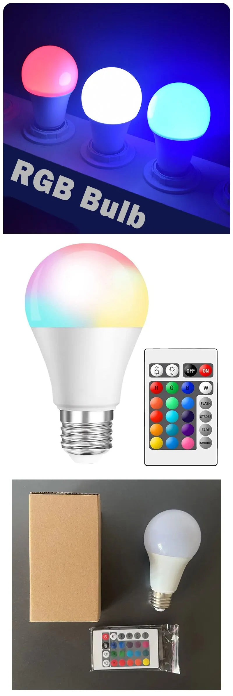 RGB LED Light Bulb E27 AC220V 8W, 16 Color Dimmable Mood Lighting with 24-Key Infrared Remote for Compatible Fixtures and Party Decor
