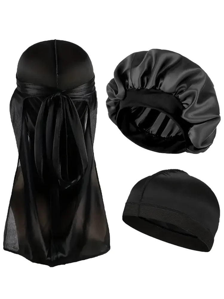 3pcs/set, Durag & Bonnet & Dome Hats, Solid Color Elastic Satin Bonnet Night Cap, Lightweight Pirate Hats