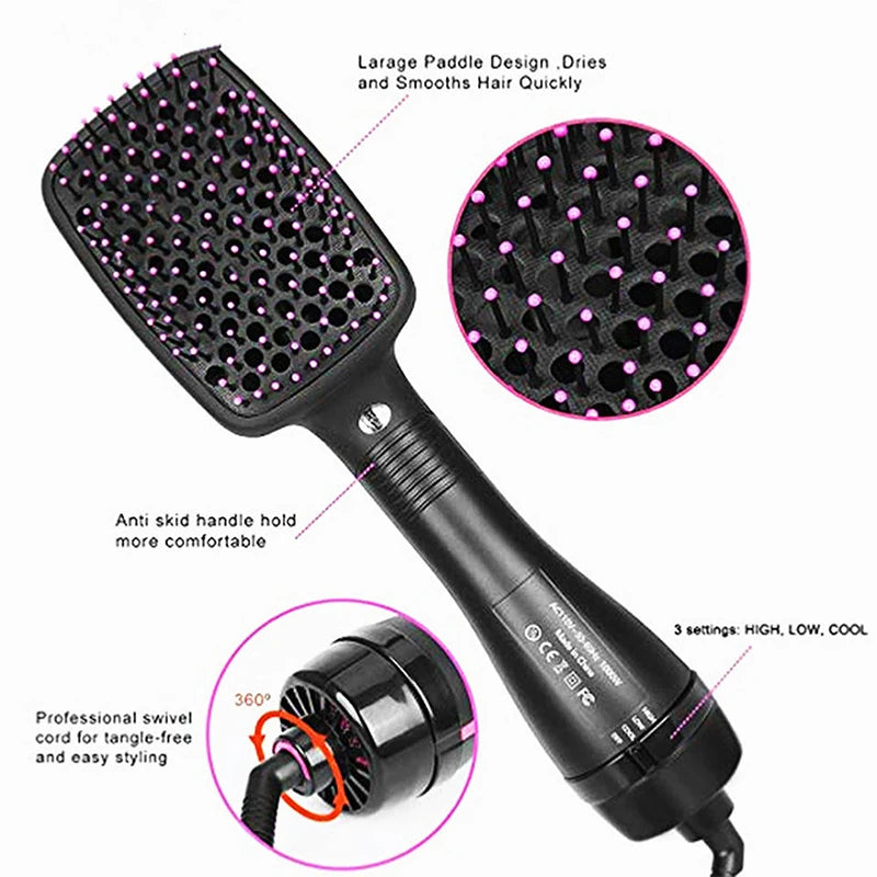 Hot Air Styling Comb, Black Ionic Hair Dryer Brush for At-Home Drying, Straightening and Curling with US 110V and Regional Plug Options