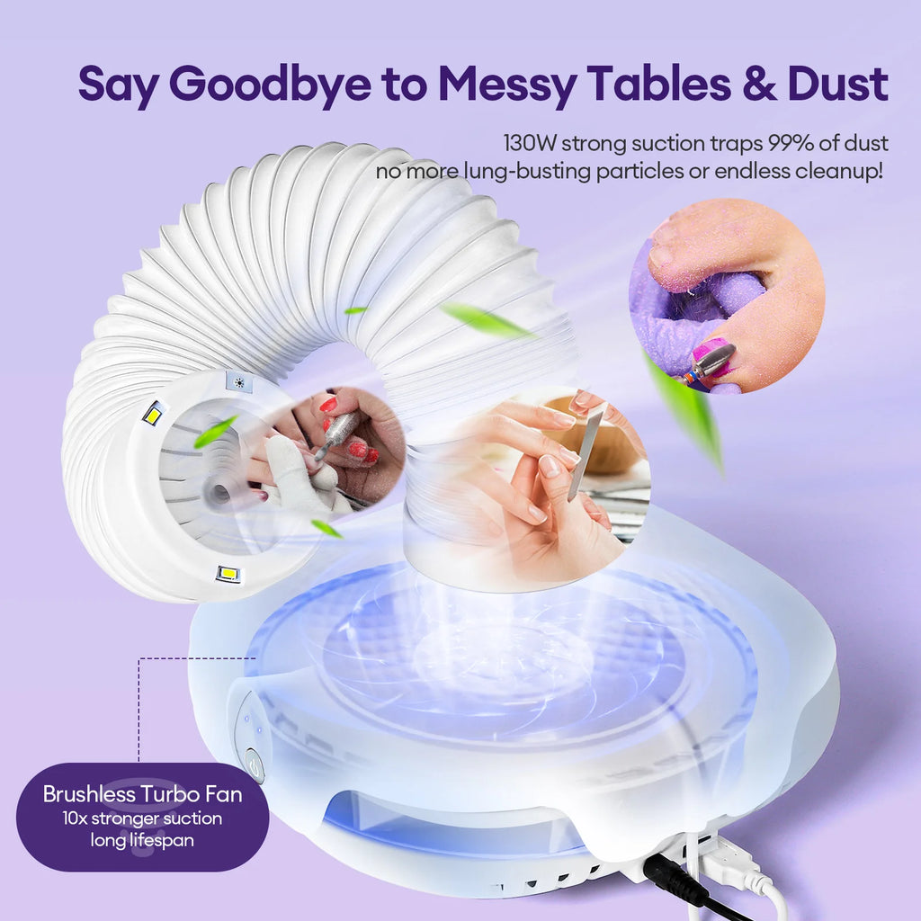 Extendable Tube Nail Dust Collector with LED Light, Three Speed Settings and Two Filters, Grey Plug-In Manicure Vacuum with US, EU or UK Plug Options