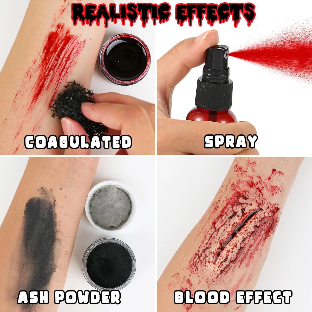 Halloween SFX Makeup Set by Bowitzki with Fake Blood, Scar Wax and Charred Ash Powder References for Simulated Costume Effects, Cosplay and Stage Looks