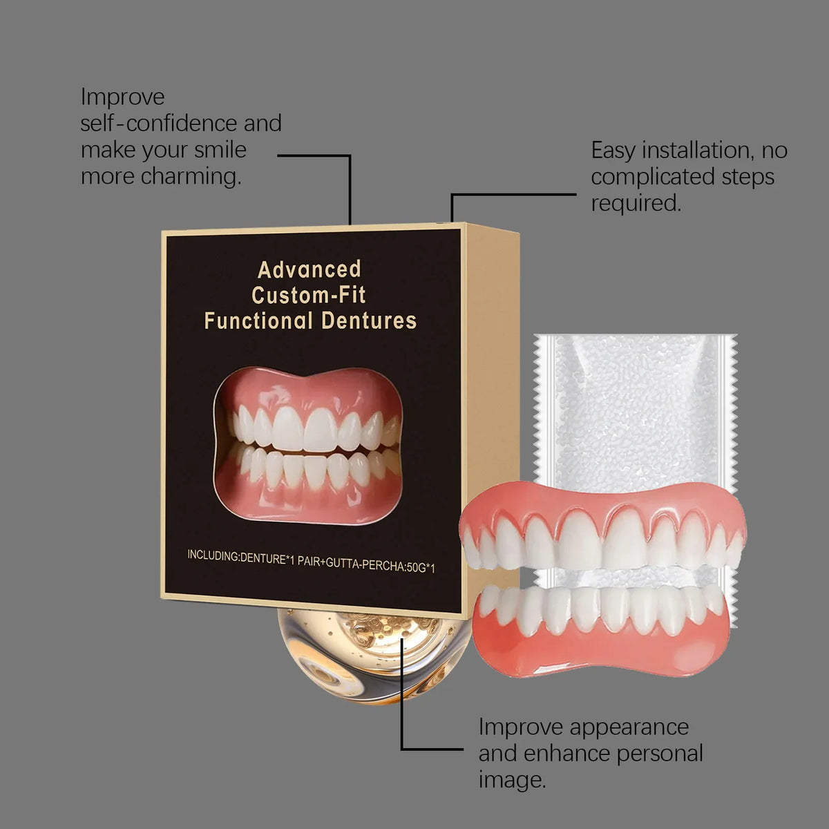 Boxed False Teeth Kit, Denture-Style Upper and Lower Cover Listing with 1, 2 or 3 Set Options for Adults Requiring Professional Dental Fit Review