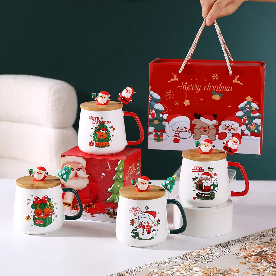 Christmas Ceramic Coffee Mug with Lid, Spoon and Gift Box, 400ml Holiday Cup in Santa Claus, Snowman, Christmas Gift or Christmas Deer Designs