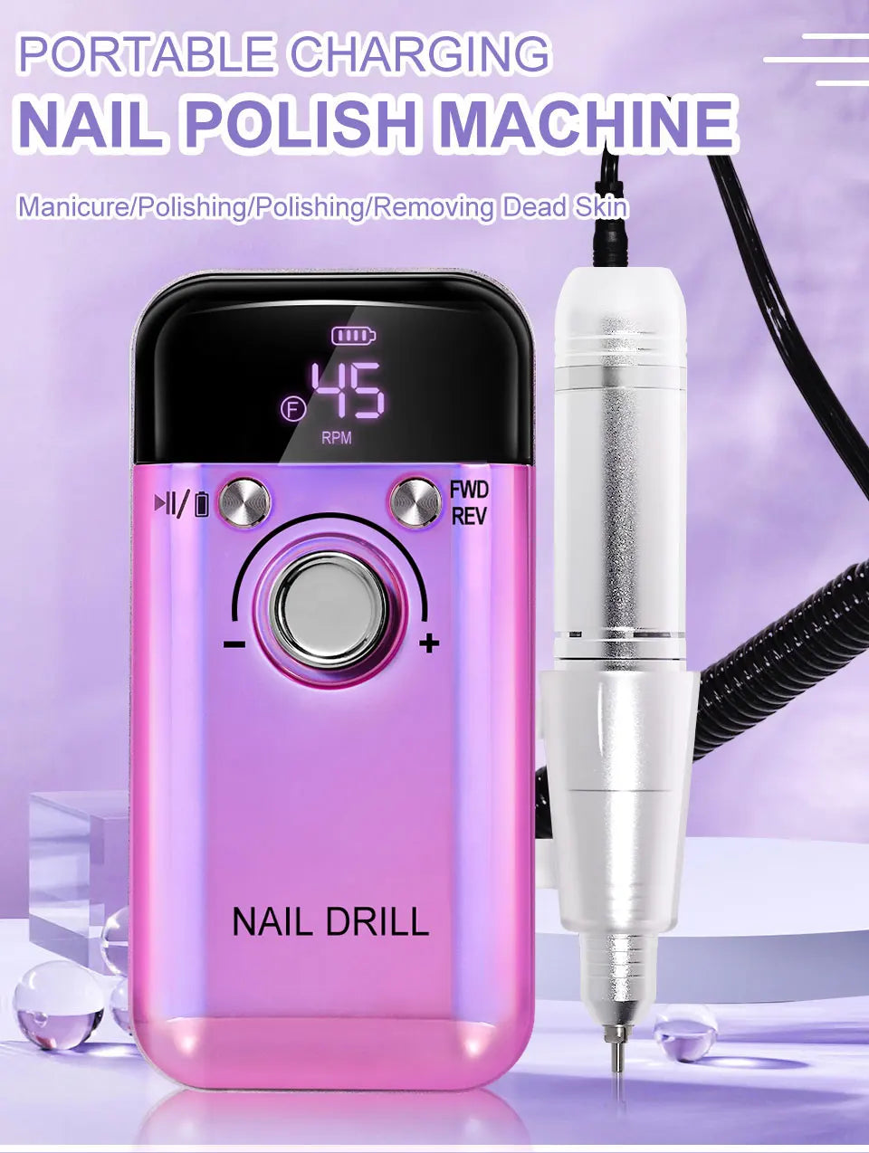 Rechargeable Portable Nail Drill with Listed 45,000 RPM Speed and Type-C Option, White, Pink or Purple Device and Kit Selections for Manicure Work