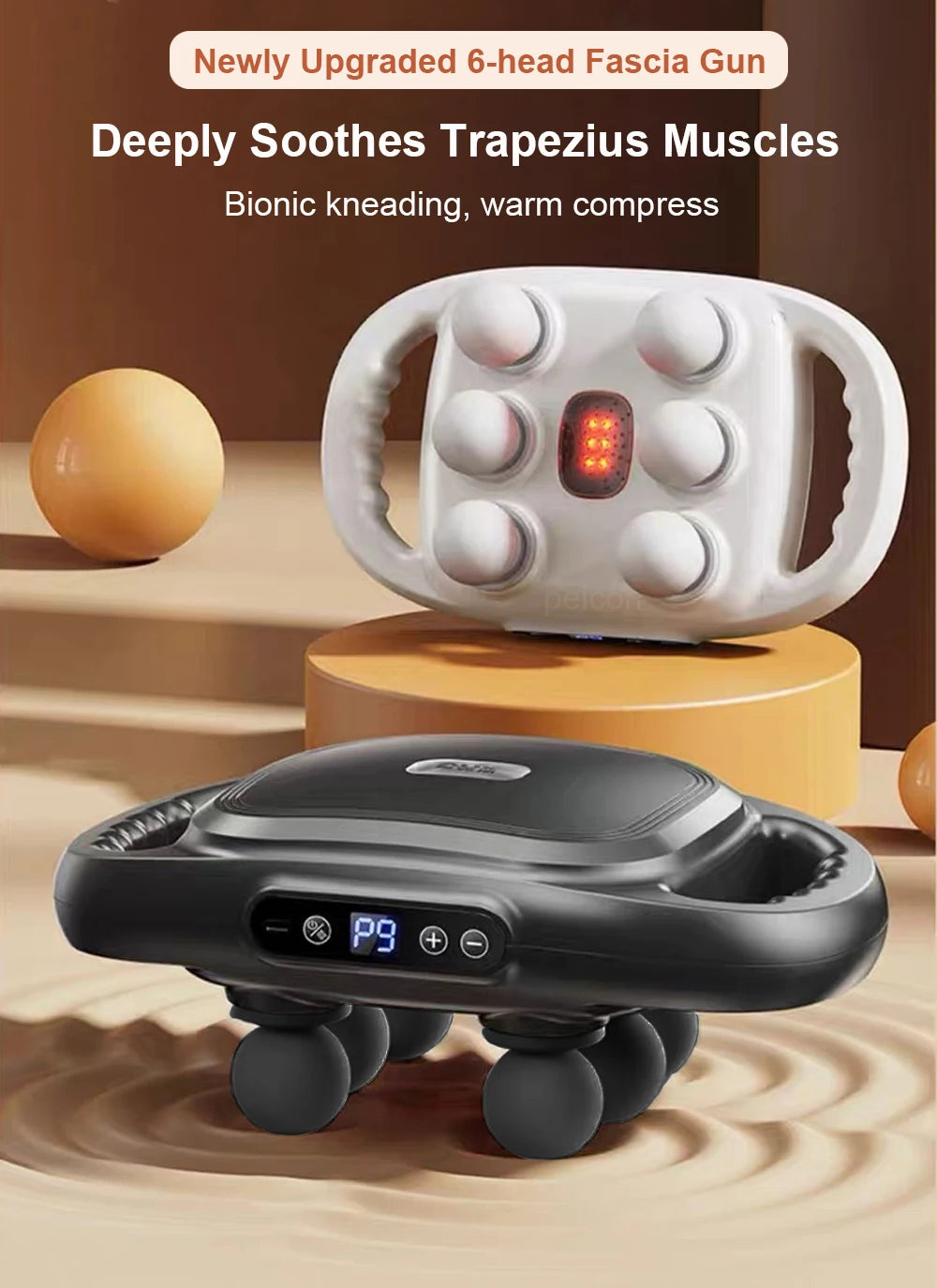 Six-Head Touchscreen Massage Gun with Integrated Contact Design, Nine Intensity Levels, Nine Massage Modes and Listed 10-Minute Auto-Off, White or Black