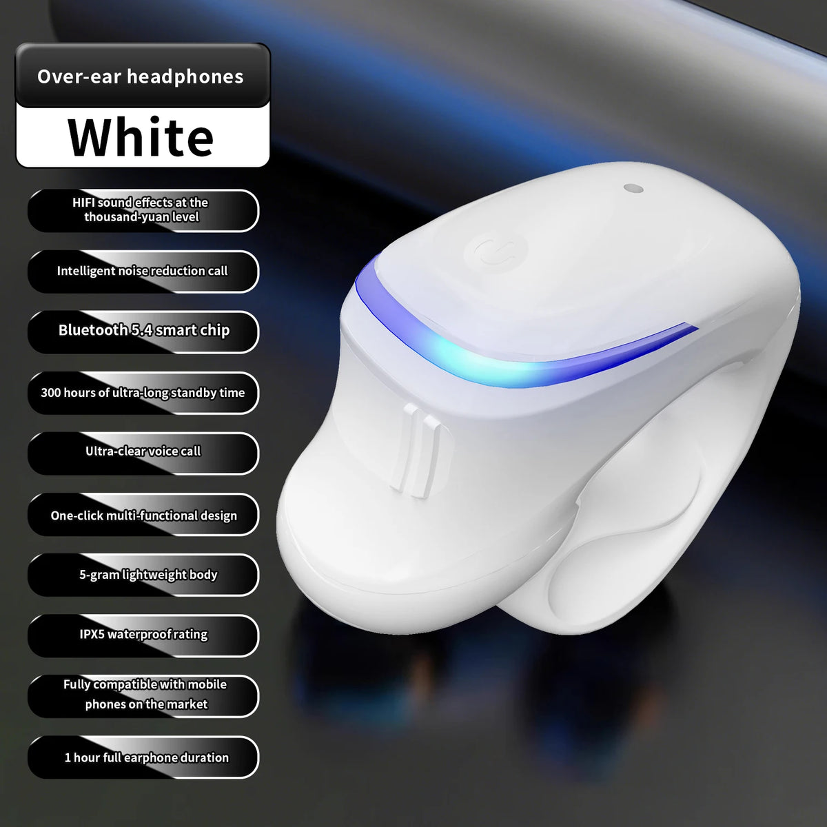 Single Ear Clip Earphone with Listed Bluetooth 5.3 Wireless Connectivity, Black or White Options and Sport-Style Headset Design for Personal Audio