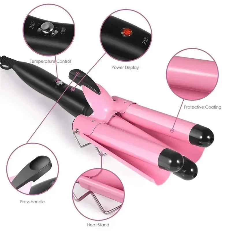 22mm Triple Barrel Hair Waver, Pink Wave Styling Iron with Ceramic Material Reference and UK, EU or US Plug Choices for Adult Hair Routines