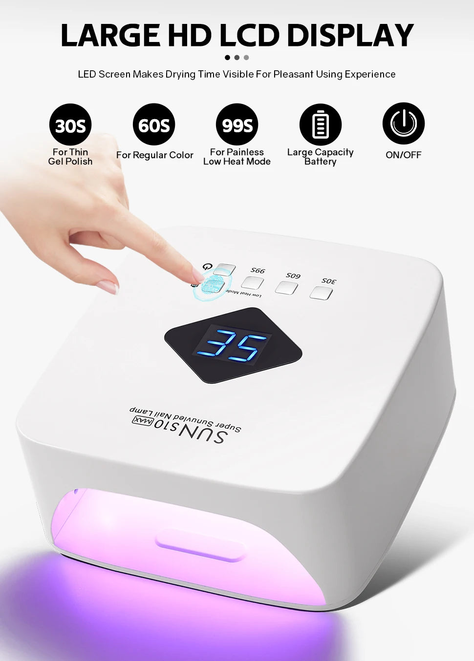UV LED Gel Nail Lamp SUN S10 MAX with 30 Dual-Wavelength LEDs, Automatic Infrared Sensor, 30, 60 and 99 Second Timers, White Finish and US or EU Plug