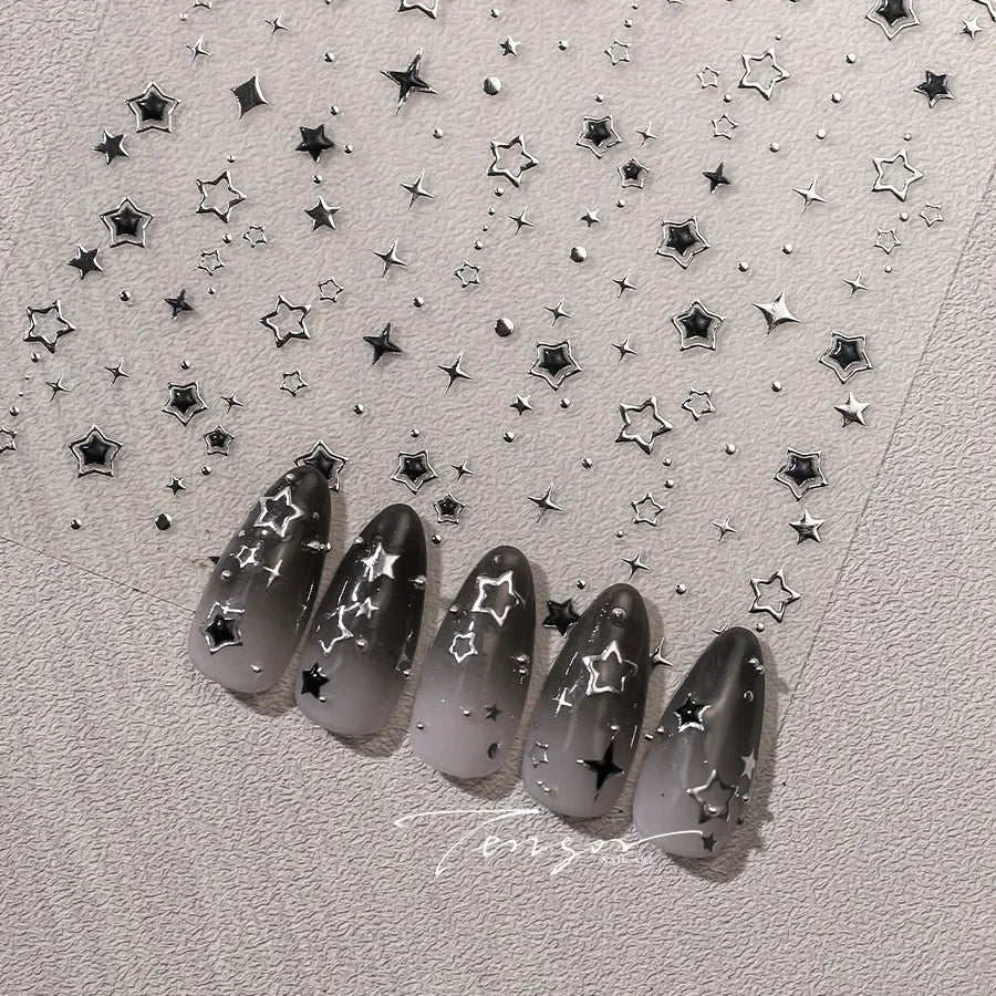 Star Nail Stickers with Five-Pointed Motifs, Black and Silver Color References and Hollow-Out Gilding-Style Details for Creative DIY Manicure Decoration