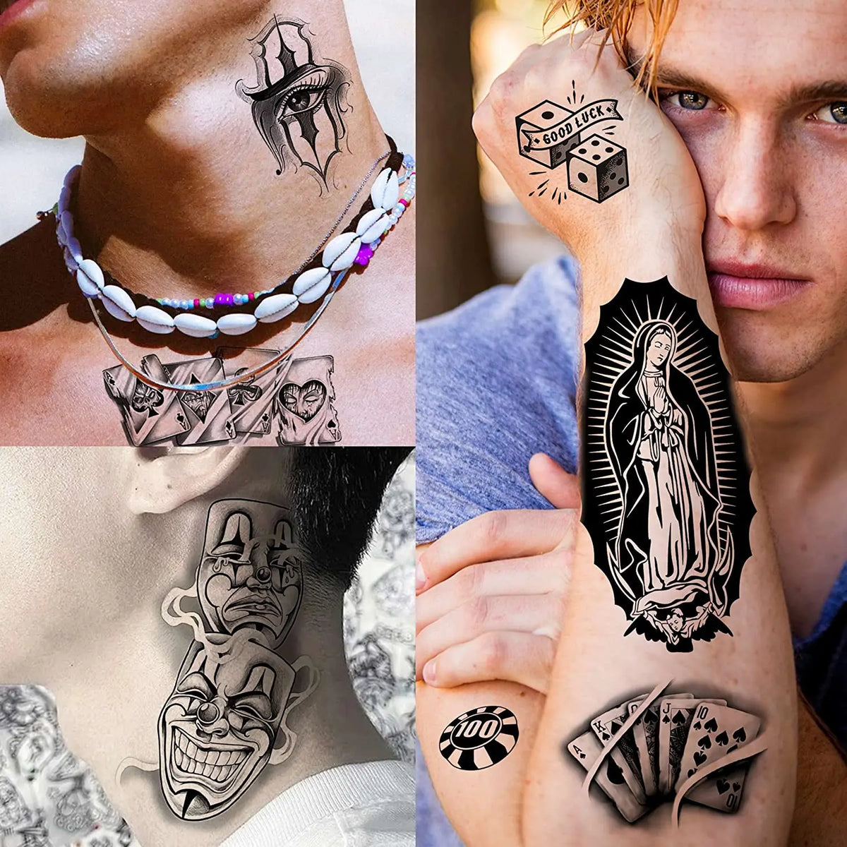 Chicano Temporary Tattoos, 6 Sheets of Chicana and Guadalupe Inspired Body Art for Adult Men and Women, Halloween and Day of the Dead Styling