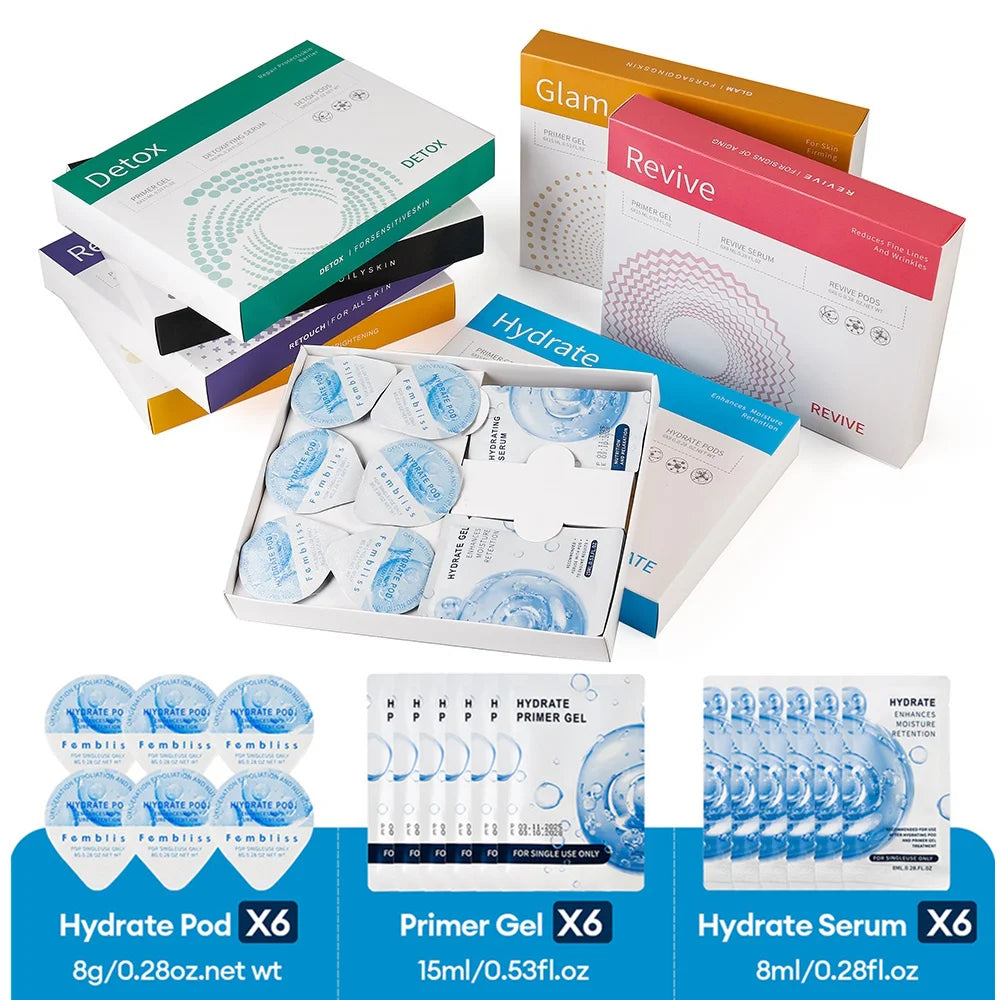Facial Pod Serum and Gel Kit with Listed Six 8g Pods, Six 8ml Serums and Six 15ml Gels, Seven Type Choices and Separate Bubble Pen Option