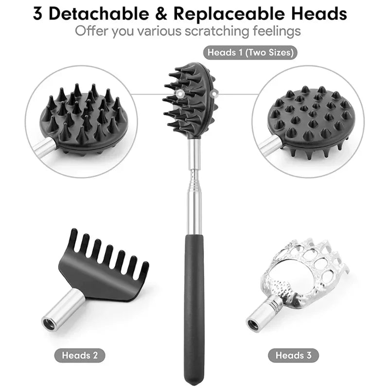 Telescopic Back Scratcher with Stainless Steel Handle, Listed 8 to 32 Inch Reach and Detachable Head Set Reference, Single, Three or Five-Piece Options