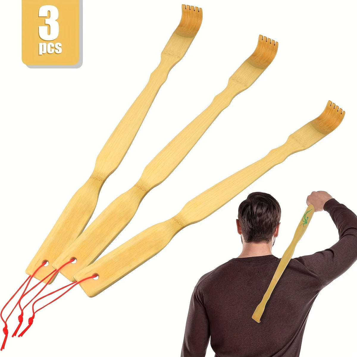 Bamboo Back Scratcher Set of Three with Listed 18.3 Inch Long Handles, Battery-Free Manual Personal Care Tools for Adult Home Use and Practical Gifts