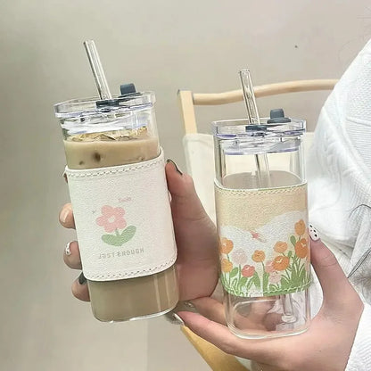 400ml Glass Coffee Cup with Listed Lid and Straw, Transparent Borosilicate Drinkware for Iced Coffee, Milk Tea and Juice with Square Cup and Bamboo Lid Options